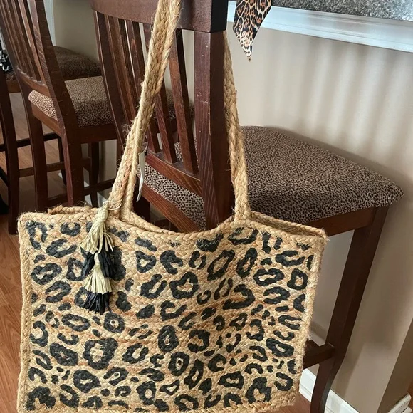 Boho Leopard Print Large Jute Tote Bag. NWT - Picture 5 of 6